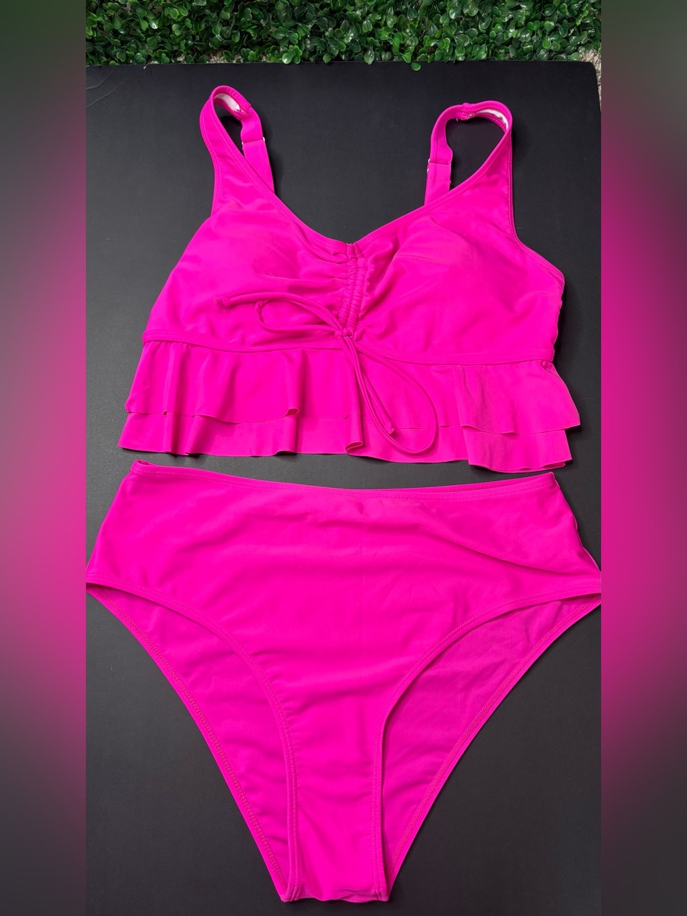 Cupshe Hot Pink Ruffle High-Waist Bikini Set
